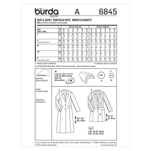 BURDA - 6845 MANTEAU/VESTE POUR FEMMES