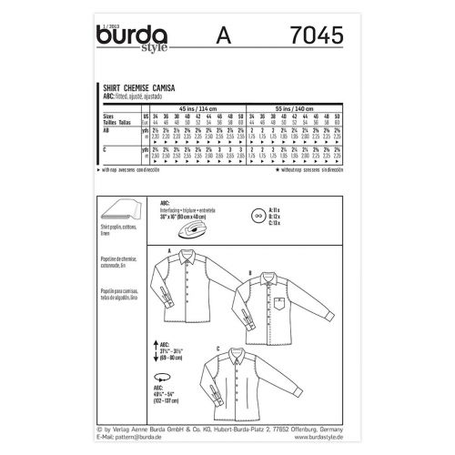 BURDA - 7045 CHEMISE POUR HOMMES