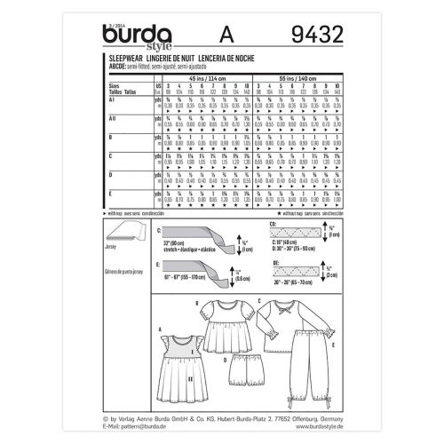 BURDA - 9432 PYJAMA POUR FILLETTES