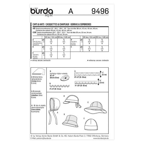 BURDA - 9496 CASQUETTES/CHAPEAUX POUR ENFANTS