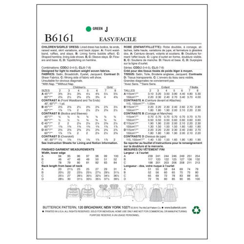 BUTTERICK - B6161 ROBES PLISSÉES POUR ENFANT / TOUT-PETIT