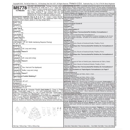 MCCALLS - M5778 BAS ET DÉCORATIONS DE NOËL 