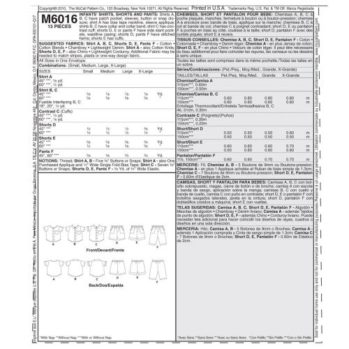 MCCALLS - M6016 CHEMISES ET PANTALONS - BÉBÉ - P À TG