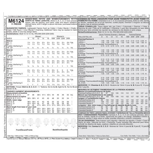 MCCALLS - M6124 CHEMISES 3 LONGUEURS POUR FEMMES
