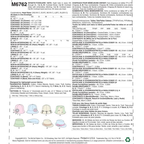 MCCALLS - M6762 CHAPEAUX - TOUT-PETIT - XP À TG