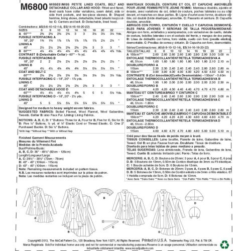 MCCALLS - M6800 MANTEAUX ÉVASÉS POUR FEMMES