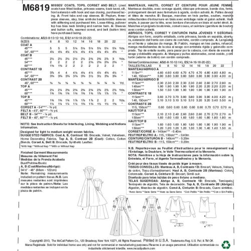 MCCALLS - M6819 DÉGUISEMENT MANTEAU CORSET POUR FEMMES - 14 À 22