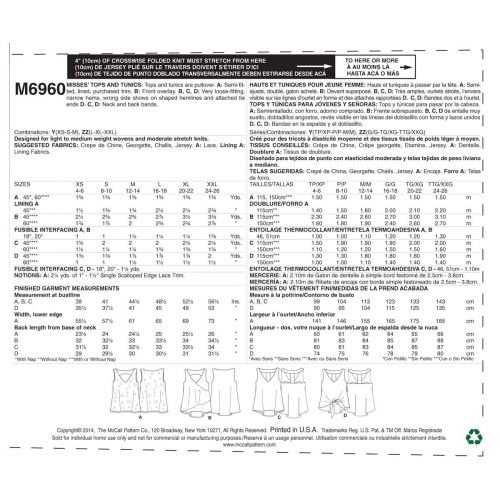 MCCALLS - M6960 HAUTS ET TUNIQUES COL EN V POUR FEMMES