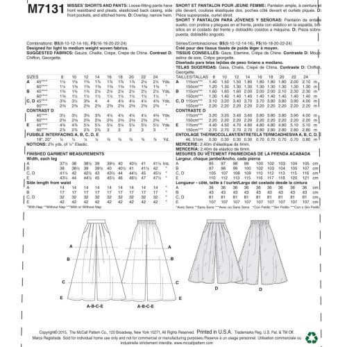 MCCALLS - M7131 SHORTS ET PANTALONS AMPLES POUR FEMMES - 8 À 16