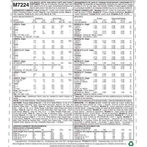 MCCALLS - M7224 DÉGUISEMENT CAPE ET TUNIQUE POUR ENFANTS / T-PETIT - 2 À 12