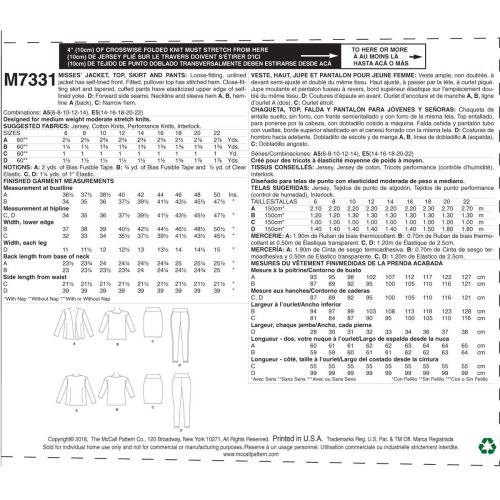 MCCALLS - M7331 VESTE, HAUT, JUPE ET PANTALON POUR FEMMES