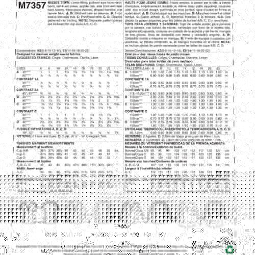 MCCALLS - M7357 HAUTS AVEC PANNEAUX LATÉRAUX POUR FEMMES - 6 À 14