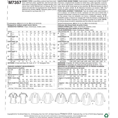 MCCALLS - M7357 HAUTS AVEC PANNEAUX LATÉRAUX POUR FEMMES - 14 À 22