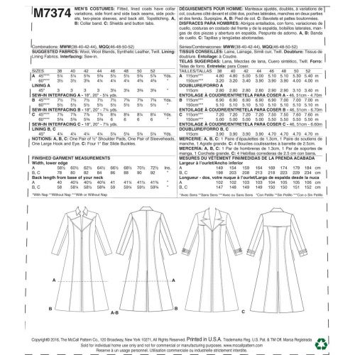 MCCALLS - M7374 MANTEAUX LONGS POUR HOMMES - 38 À 44