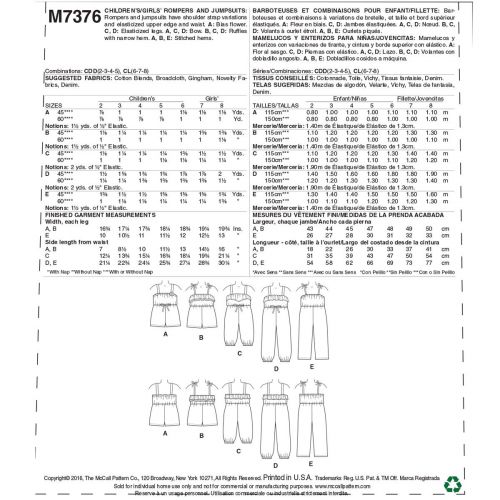 MCCALLS - M7376 COMBINAISONS POUR ENFANTS / TOUT-PETIT