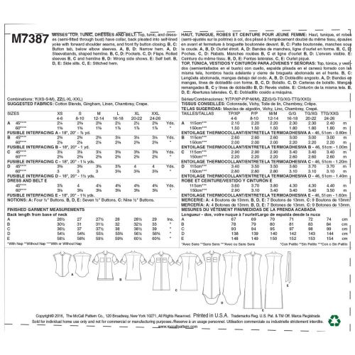 MCCALLS - M7387 CHEMISIERS, ROBES ET CEINTURE POUR FEMMES - TP À M