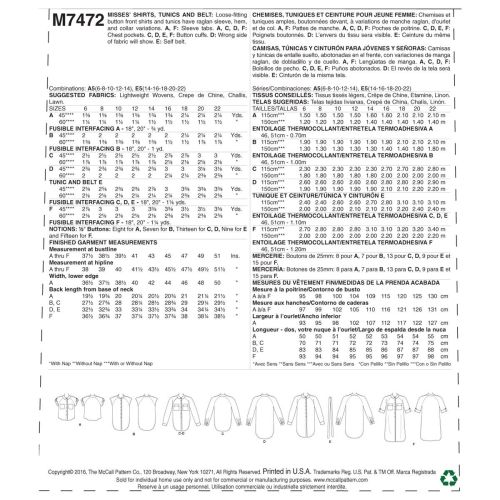 MCCALLS - M7472 CHEMISIERS ET TUNIQUES POUR FEMMES - 6 À 14