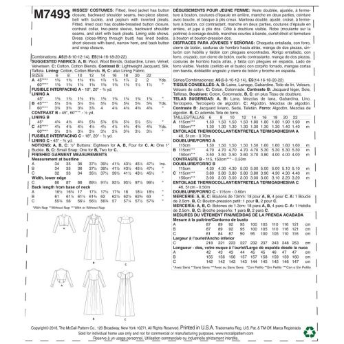 MCCALLS - M7493 DÉGUISEMENT D'ÉPOQUE POUR FEMMES - 6 À 14