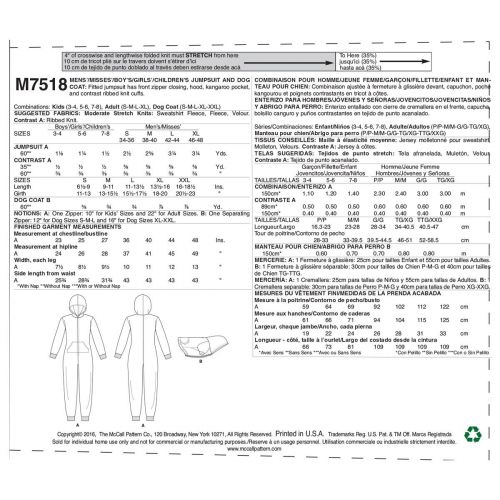 MCCALLS - M7518 VÊTEMENTS DE NUIT POUR HOMMES / FEMMES