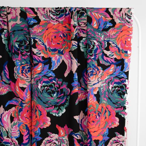 SERGÉ DE VISCOSE IMPRIMÉ FLORAL - NOIR/ROSE/VIOLET