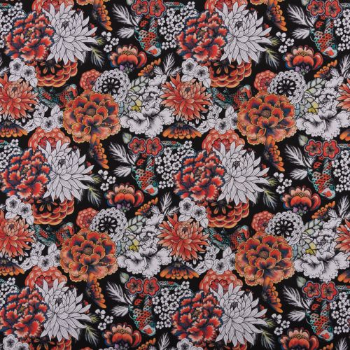 TOILE NYLON EXTENSIBLE MAUI IMPRIMÉ FLORAL KOI - NOIR