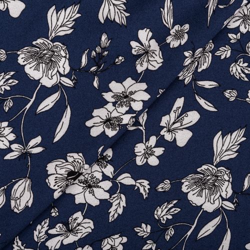 CREPE VISCOSE FLEURS - MARINE/BLANC