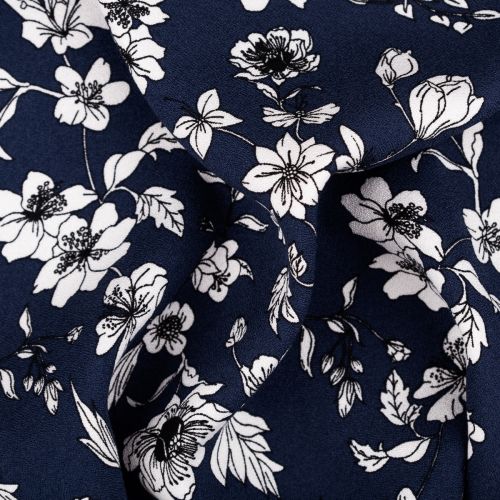 CREPE VISCOSE FLEURS - MARINE/BLANC