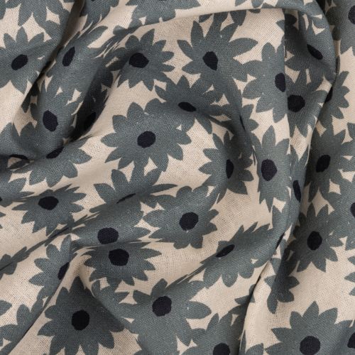 POPELINE LIN/VISCOSE IMPRIMÉ MARGUERITE - BLEU MINÉRAL