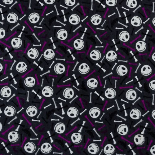 FLANNELETTE NIGHTMARE BEFORE CHRISTMAS  PAR CAMELOT - SKULL AND BONES GLOW IN THE DARK MAUVE