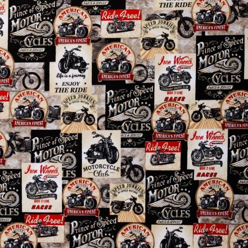MINKY PAR TIMELESS TREASURES - PACKED MOTORCYCLE SIGNS MULTI