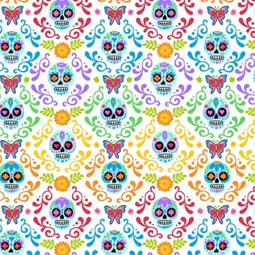 COTON DAY OF THE DEAD PAR ANDOVER - SKULLS BLANC