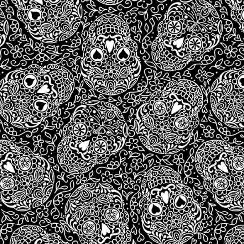 COTON DAY OF THE DEAD PAR ANDOVER -  BIG SKULLS NOIR