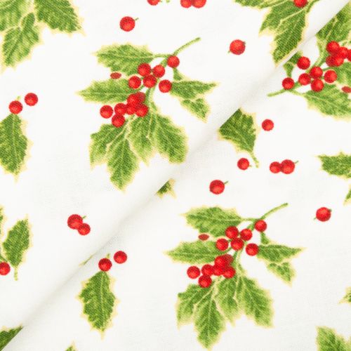 COTON HOLIDAY BOTANICAL PAR JANE SHASKY POUR HENRY GLASS - TOSSED HOLLY LEAVES CRÈME