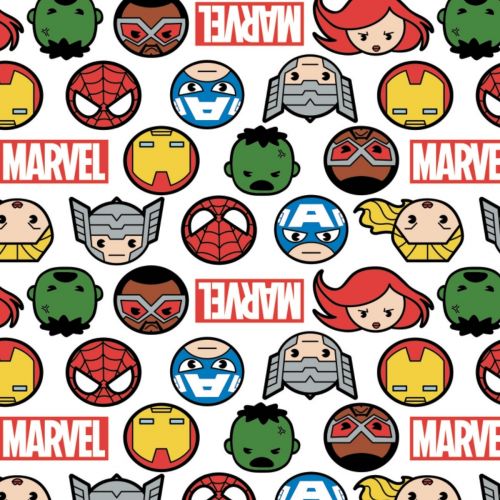 COTON MARVEL COMICS : KAWAII COLLECTION PAR CAMELOT - HERO FACES & LOGO BLANC