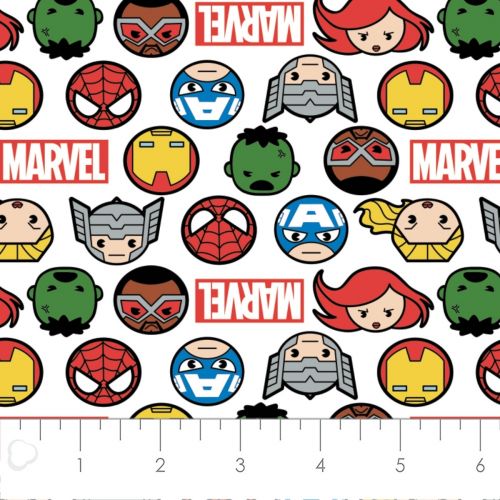 COTON MARVEL COMICS : KAWAII COLLECTION PAR CAMELOT - HERO FACES & LOGO BLANC