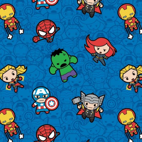 COTON MARVEL COMICS : KAWAII COLLECTION PAR CAMELOT - ACTION PACKED HEROES BLEU