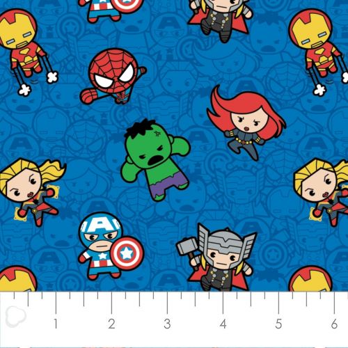 COTON MARVEL COMICS : KAWAII COLLECTION PAR CAMELOT - ACTION PACKED HEROES BLEU