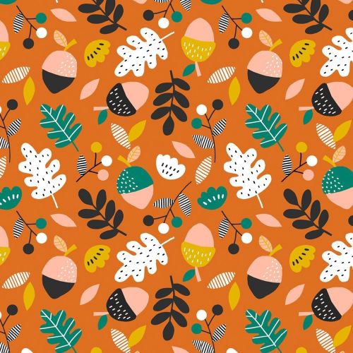 COTON ACCORN WOOD PAR WENDY KENDALL POUR DASHWOOD STUDIO - FEUILLAGE & NOIX ORANGE