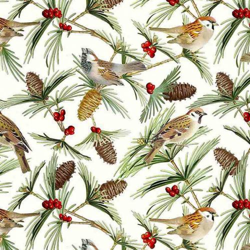COTON HOLIDAY RETREAT PAR TIMELESS TREASURES - WINTER BIRDS ON BRANCHES AND PINECONES CRÈME
