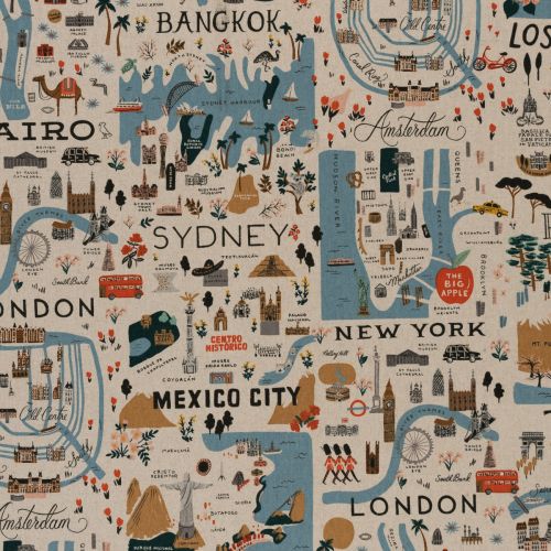CANEVAS BON VOYAGE PAR RIFLE PAPER CO. POUR COTTON+STEEL - CITY GUIDE NATURAL UNBLEACHED