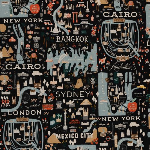 CANEVAS BON VOYAGE PAR RIFLE PAPER CO. POUR COTTON+STEEL - CITY GUIDE BLACK UNBLEACHED