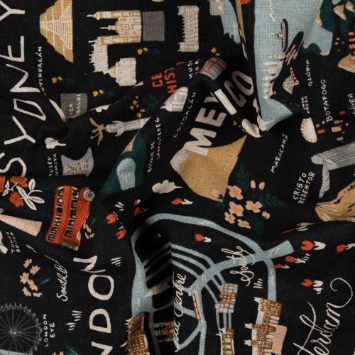 CANEVAS BON VOYAGE PAR RIFLE PAPER CO. POUR COTTON+STEEL - CITY GUIDE BLACK UNBLEACHED