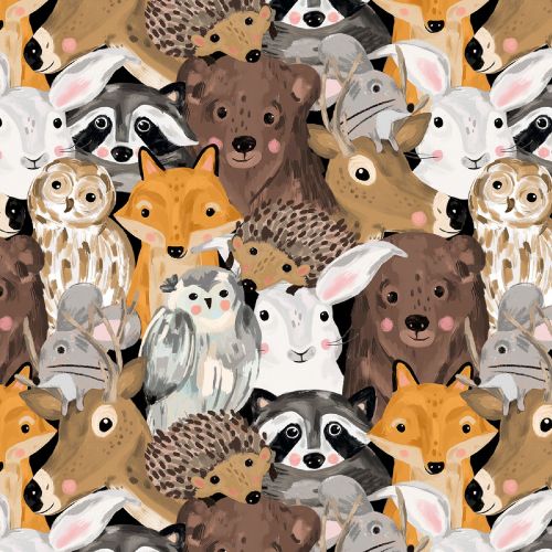COTON FOREST CRITTERS PAR BLANK - WOODLAND ANIMAL COLLAGE BRUN