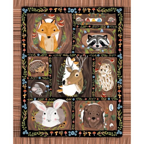 PANNEAU DE COTON FOREST CRITTERS PAR BLANK - WOODLAND ANIMAL BRUN