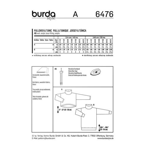 BURDA - 6476 PULL ET TUNIQUE POUR JEUNES FEMMES