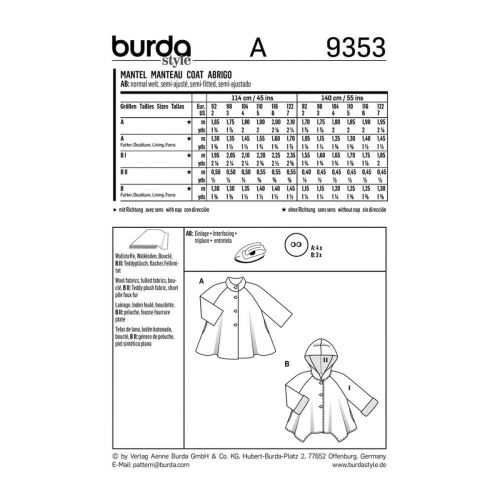 BURDA - 9353 MANTEAUX POUR ENFANTS