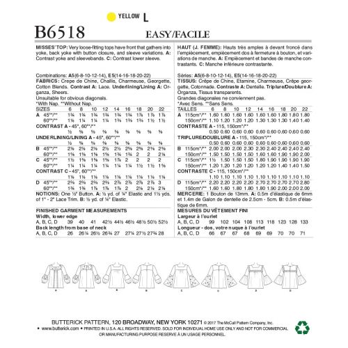 BUTTERICK - B6518 HAUTS TRÈS AMPLES POUR FEMMES