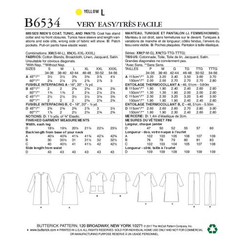 BUTTERICK - B6534 MANTEAU, TUNIQUE ET PANTALON