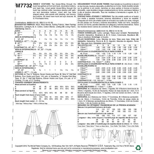 MCCALLS - M7732 - DÉGUISEMENT D'ÉPOQUE POUR FEMME - 4 À 10