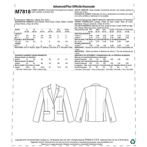 MCCALLS - M7818 VESTE DOUBLÉE UNISEXE